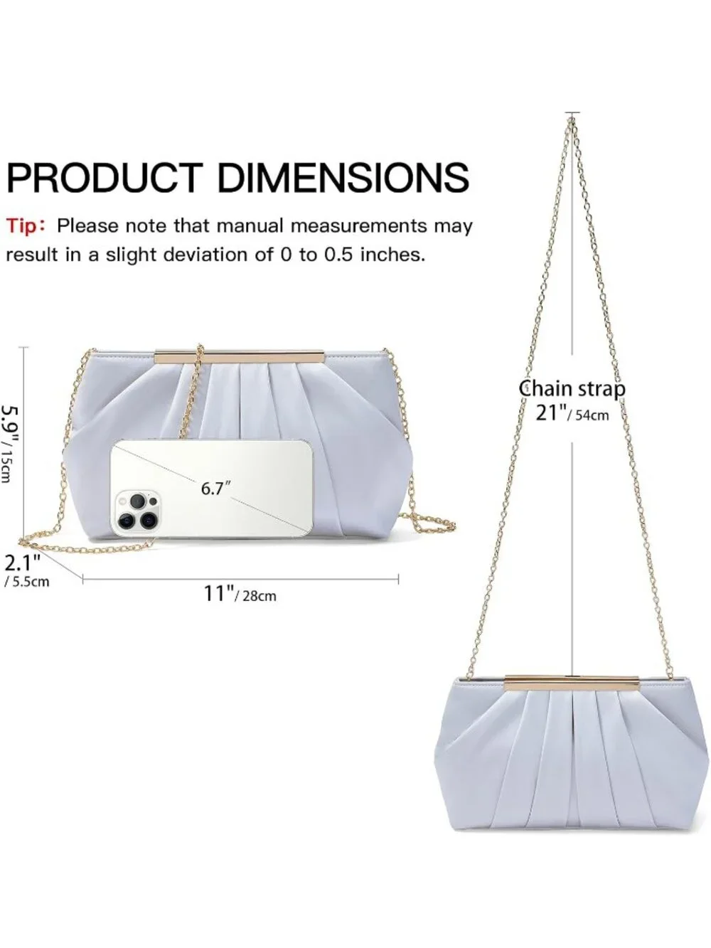 👜 Women's Silver Satin Evening Bag Elegant Pleated Formal Clutch With Chain
